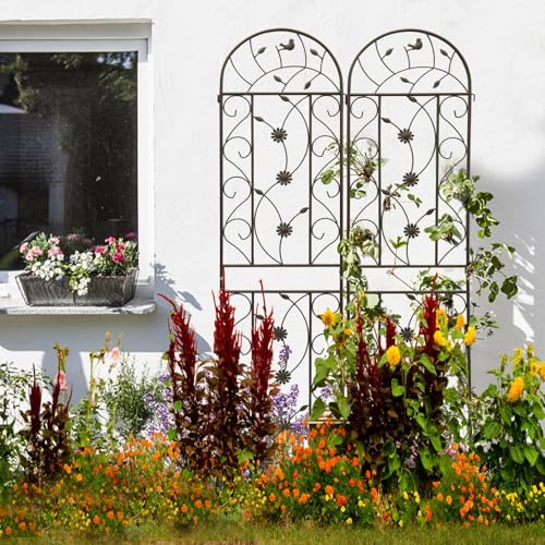 2 Pack Metal Garden Trellis 86.7" Tall Outdoor Climbing Plant Support for Roses (Brown-86.7"H)