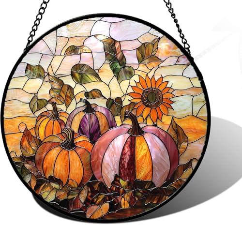 Fall Sunflowers Pumpkins Stained Glass Window Hanging Suncatcher Gifts 15" (Orange Pink / 14.9x14.9 IN)