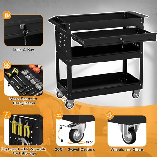 3 Tier Tool Cart on Wheels with Drawers (Black)