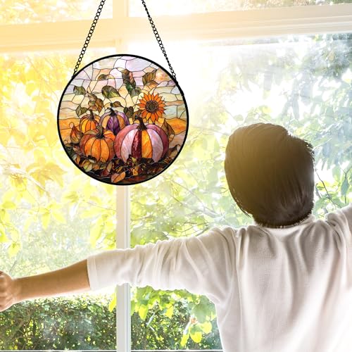 Fall Sunflowers Pumpkins Stained Glass Window Hanging Suncatcher Gifts 6.3" (Orange Pink / 6.3x6.3 IN)