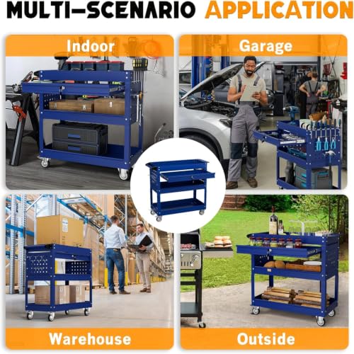 3 Tier Tool Cart on Wheels with Drawers (Blue)