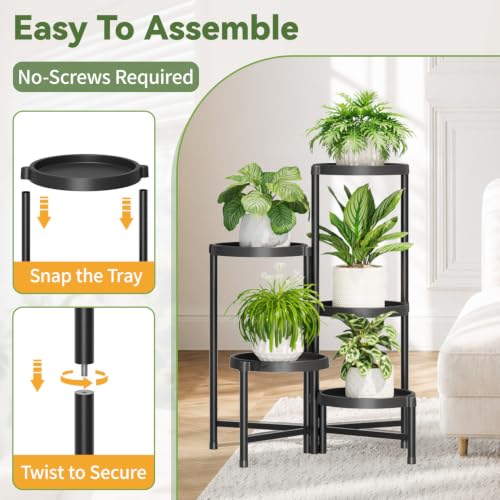Plant Stand Indoor Outdoor with Large 10 Inch Plastic Tray (Classic Black with Large Tray / 5 Tier)