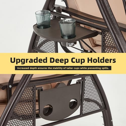 3 Seat Porch Swing with Adjustable Canopy (Khaki)