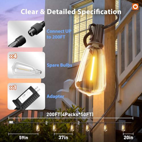 196(49FT*4) Outdoor String Lights with APP LED Edison Waterproof (Black-Smart / 196FT)