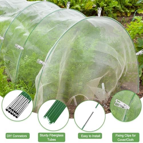 Garden Hoops 6 Set 7ft Grow Tunnel, 30pcs Greenhouse Support Hoops Rust-Free Frame for Garden Netting Raised Beds Row Cover Fabric, DIY Fiberglass for 3 & 4 Ft Wide, 18pcs Clips-5mm