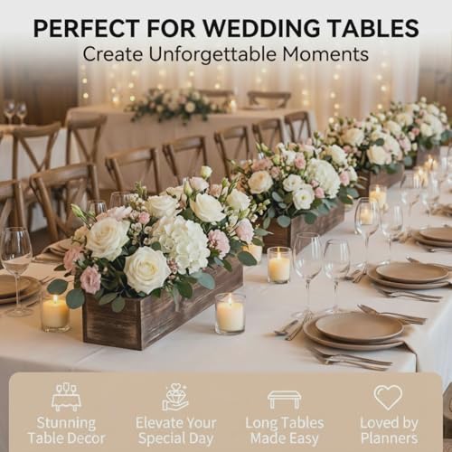 2 Set Wood Boxes for Centerpieces 16x4 Inch Rectangle Wooden Planter Box Rustic Wooden Planters with Removable Plastic Liner Floral Foam Blocks for Christmas Wedding Home Garden Decor (16 x 4 Inch / Brown)