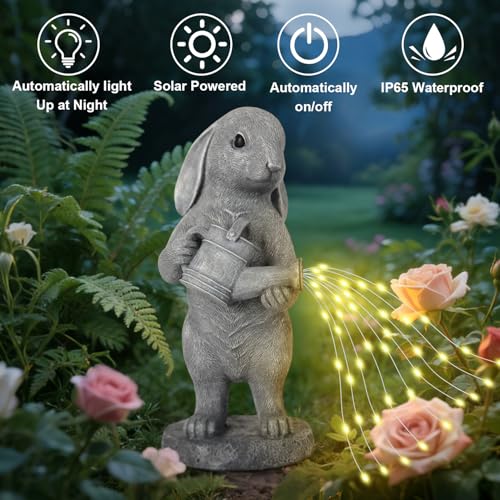 Solar Rabbit Garden Statue with Watering Can Lights Outdoor Yard Lawn Decor