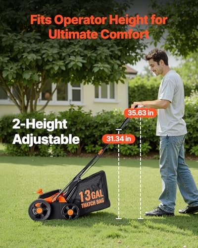 2-in-1 Electric Dethatcher and Scarifier, 13-Inch 13 Amp, Corded Lawn Dethatcher with 13-Gallon Thatch Collection Bag, 5-Position Depth Adjustment, Walk Behind Machine for Garden Yard Grass