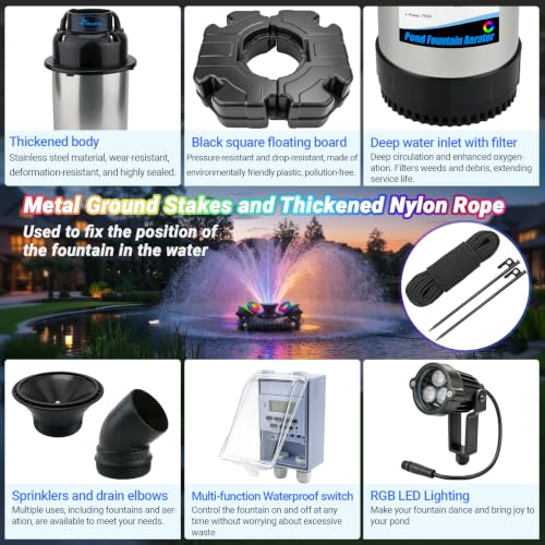 Pond Fountain Aerator with Lights (Black 4 Lights 13000gph)