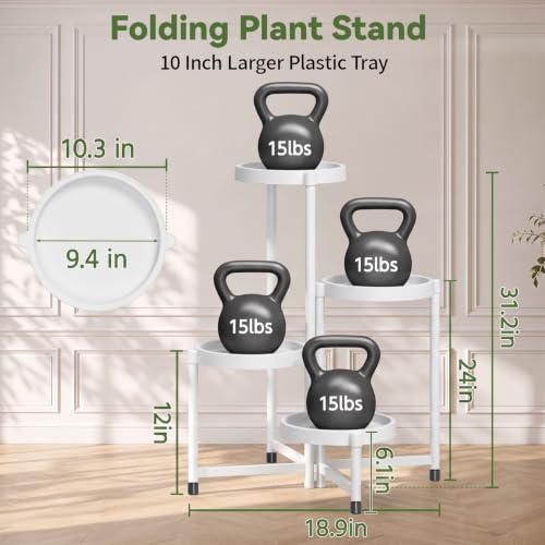 Plant Stand Indoor Outdoor with Large 10 Inch Plastic Tray (Solid White with Large Tray / 4 Tier)