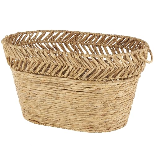 Seagrass Handmade Decorative and Functional Storage Basket Large Woven Oval Basket Organizer with Zig Zag Patterned Rim (30" x 20" x 17" / Brown)