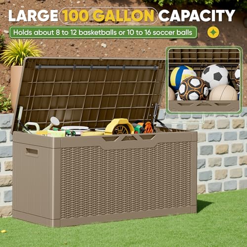 Outdoor Storage Box 100 Gallon Storage Bin with Lid for Patio Furniture (Light Coffee / 100 Gallon)