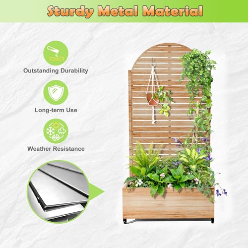 Metal Raised Garden Bed with Trellis and Wheels (Acacia Wood Grain-louvered / 71" x 35" x 16")
