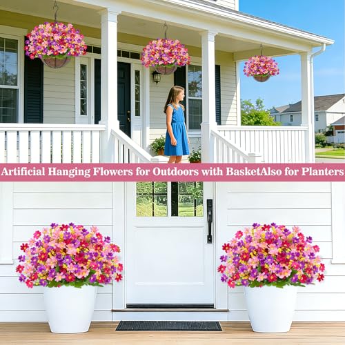 Artificial Hanging Flowers Basket for Outdoor Spring Summer Decor (Daisy Purple Mix)