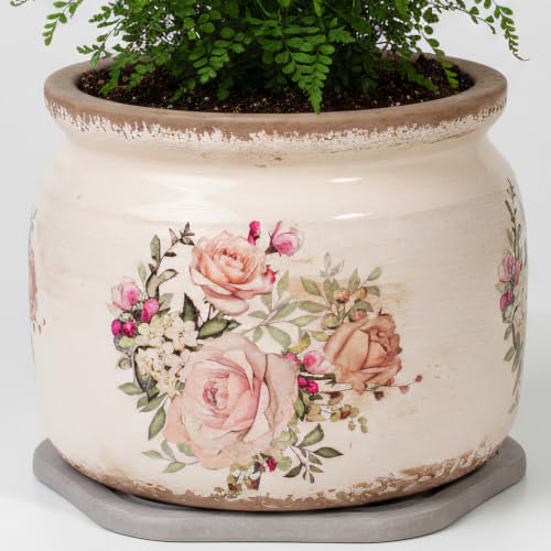 Shabby Chic Ceramic Plant Pots with Decorative Saucer (Pink / 7.7 in - w/ Saucer)