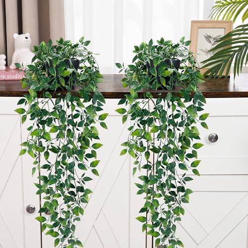 2Pcs Fake Hanging Plants with Pot Eucalyptus Leaves Fake Vines (Mandala Vines / 2Pcs Plants with Pot)