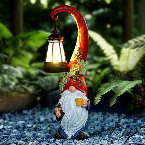 Solar Coffee Gnome Garden Statue with Lantern (Red Hat Gnome 13.39in)