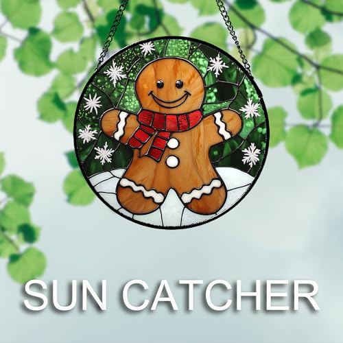 Smiling Gingerbread Man Stained Glass Window Hanging Suncatcher Gifts 6.3" (Brown / 6.3x6.3 IN)