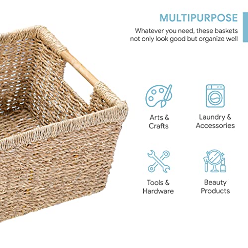 Large Wicker Storage Basket with Wooden Handles (Seagrass / Large (14.5"L x 10.3"W x 7.5"H))
