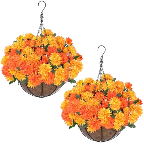 2 Sets Artificial Faux Fall Mums Hanging Flowers Plants Basket for Outdoor Decor (Orange)