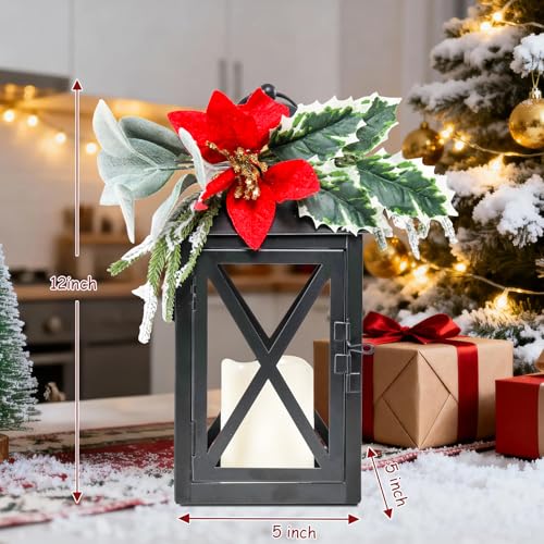 Christmas Lanterns 2 Pack 12'' Black Metal with Candle Holiday Decor