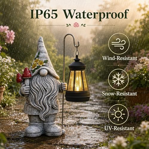 Garden Gnome Statue with Lantern (Mushroom Gnome)