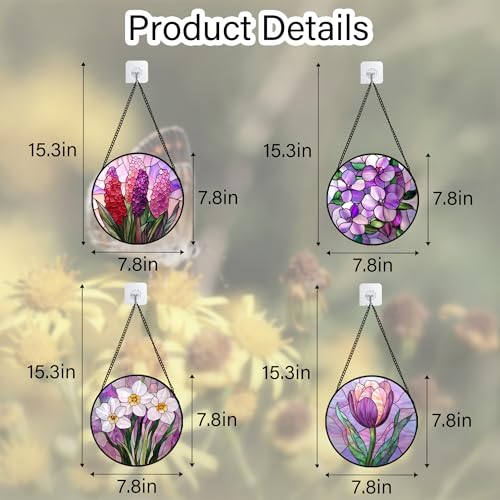 Stained Glass Window Hanging 4 Pcs Set Purple Flower Theme 7.8" (4-piece Set Purple / 7.8x7.8 IN)