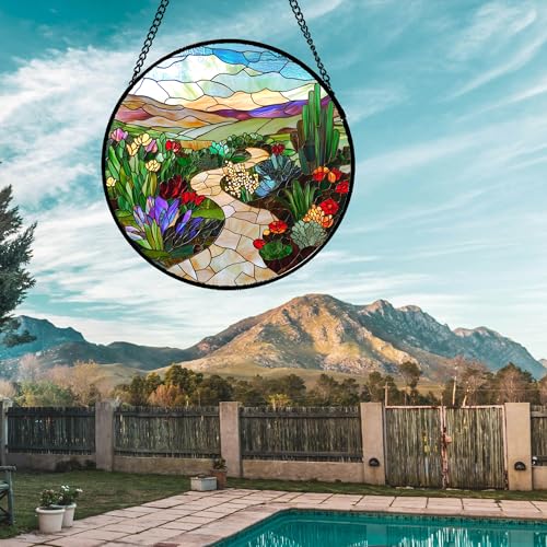 Desert Garden Path Stained Glass Window Hanging Suncatcher Gifts 7.8" (Multi Color / 7.8x7.8 IN)