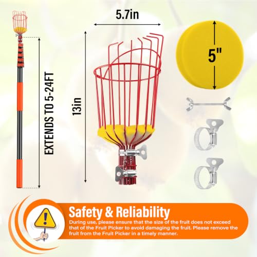 30 FT Reach Fruit Picker Pole with Basket Telescoping (Reach 30ft（24ft))