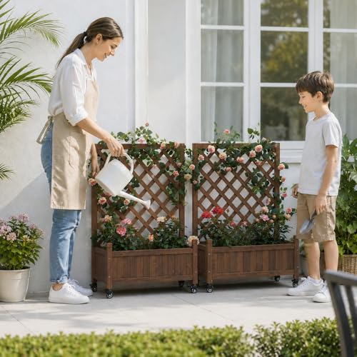 2 Trellis Raised Garden Bed with Wheels (Dark Brown / H38 × W28 x D13 in)