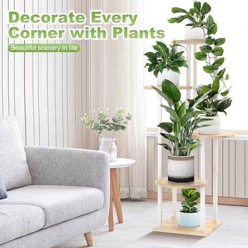 5 Tier Plant Stand Indoor Corner Tall Shelf for Multiple Plants (White+Oak / 5 Tier)