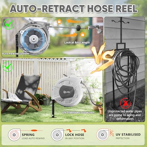 Automatic Retractable Garden Hose Reel on Metal Spike (Light Grey / 1/2" x 90FT)