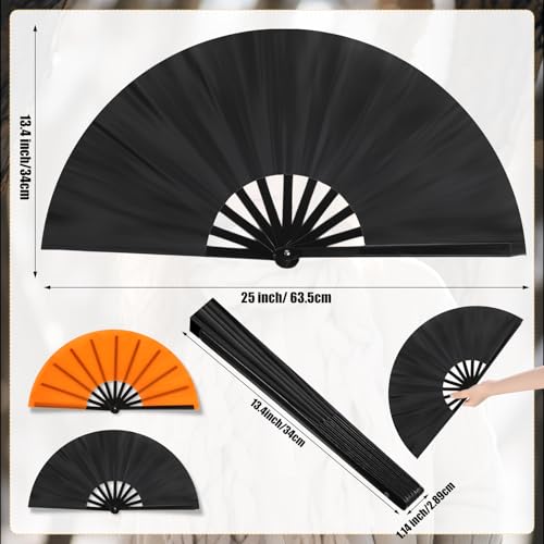 2 Packs Large Folding Hand Fans (Black and Orange)