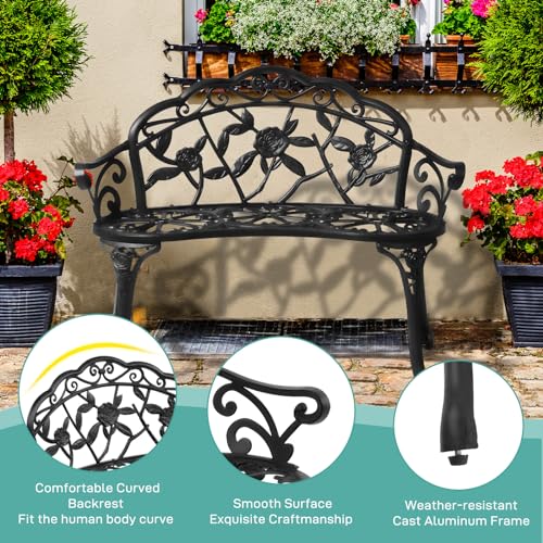 38.5" Patio Park Garden Outdoor Metal Rose Bench (Black / Rose)