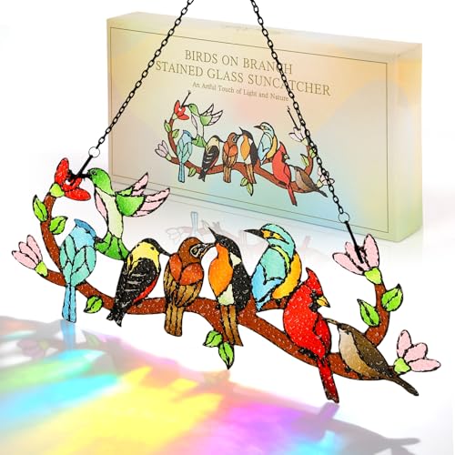 Stained Glass Window Hanging Birds On Branch Sun Catcher Decor (with Gift Packaging)