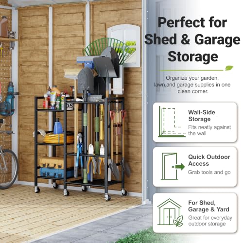 Garden Tool Organizer with 6 Industrial Wheels & Large Hooks (29.5"W*11.8"D*33.5"H-with Wheels)