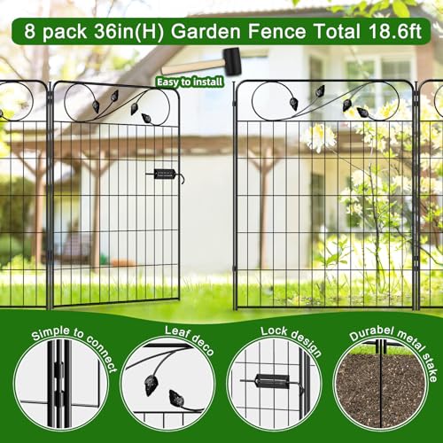 Metal Garden Fence with Gate 36in (36″Tall(Gate+7 Panels))
