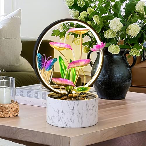 15 Inch H Tabletop Zen Water Fountain with LED Light (Pink Butterfly)