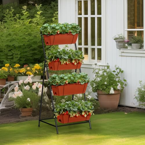 4 Tier Vertical Raised Garden Bed Planters for Outdoor Plants Herb Garden Planter with Drainage Holes Standing Garden Planters for Herbs Flowers Vegetables Plants (Brick Red)