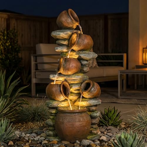 5 Jug Rock Outdoor Water Fountain with LEDs (Largebrown60''h)