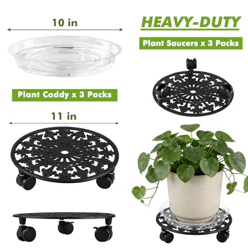 3 Pack Plant Caddy with Wheels (11 inch / Black-3 packs)