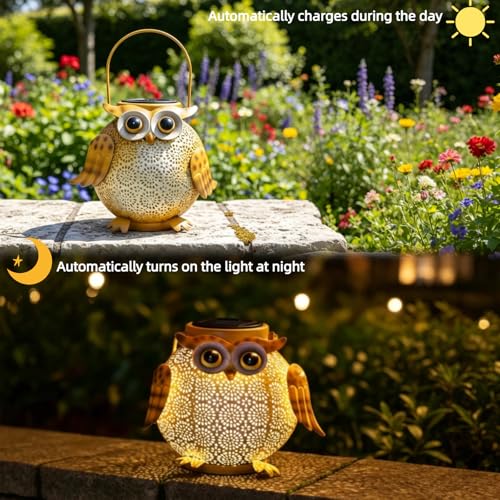 Solar Owl Lights Outdoor Waterproof (1 Pack yellow owl lantern)