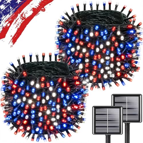 2pack 500LED Solar String Lights Outdoor Waterproof Red White Blue (Red White Blue / 2PK-500LED)