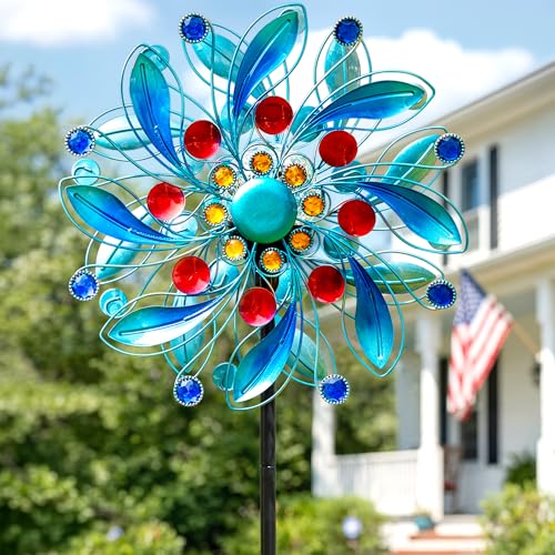 Solar Wind Spinner with Glass Ball (Vibrant Blue Floral)