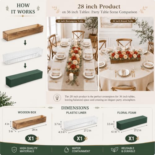 1 Set Wood Boxes for Centerpieces 28x5 Inch Rectangle Wooden Planter Box Rustic Wood Planter with Removable Plastic Liner Floral Foam Blocks for Christmas Wedding Home Garden Decor (28 x 5 Inch / Dark Brown)