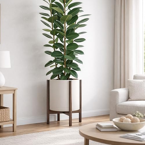 Plastic Pot with Walnut Wood Stand (Oatmeal Pot + Walnut Color Stand / 14 Inch)