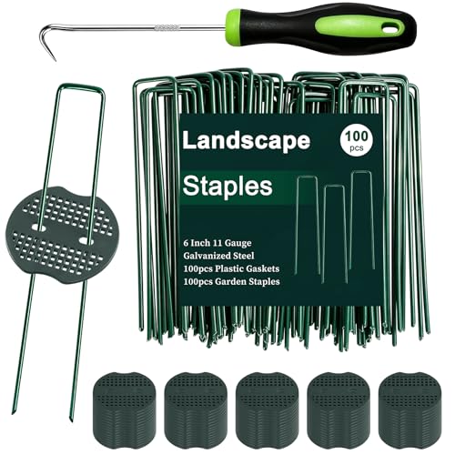 6 Inch 100 Pcs Galvanized Landscape Staples 100 Pcs Gaskets Pick Hook Garden Stakes 11 Gauge Anti (Green)