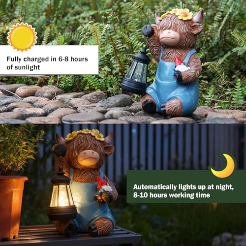 Solar Highland Cow Porch Statue with LED Lantern Garden Outdoor Decor (Solar Highland Cow Statue)