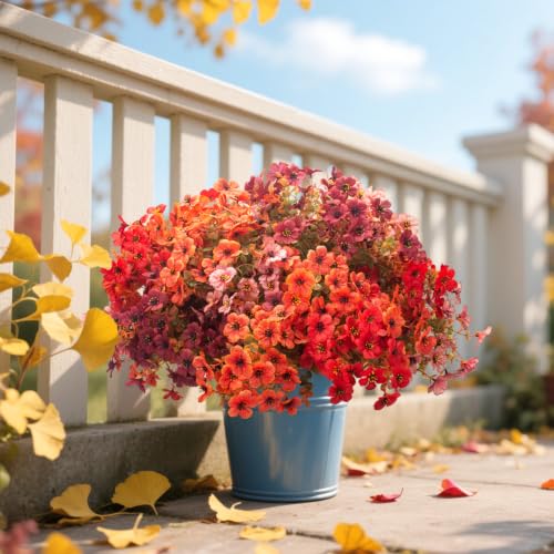 16 Bundles UV Resistant Artificial Fall Mums Outdoor Flowers Autumn Decor (Orange Mix)