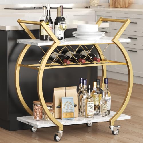 Gold Bar Cart with Wheels (Gold White Marble)